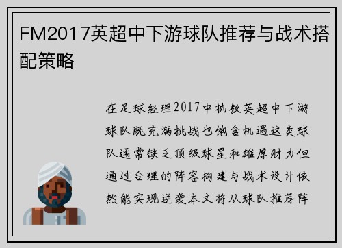 FM2017英超中下游球队推荐与战术搭配策略
